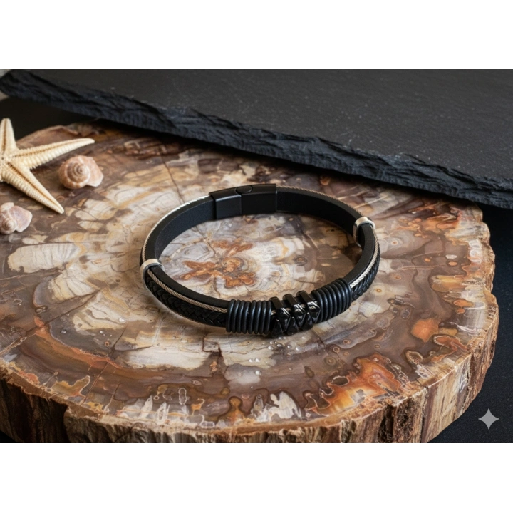 Deri Kordonlu Seramik Taşlı Siyah Erkek Bileklik