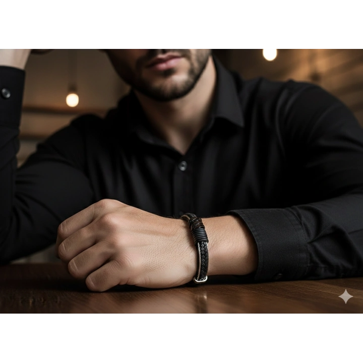 Deri Kordonlu Seramik Taşlı Siyah Erkek Bileklik