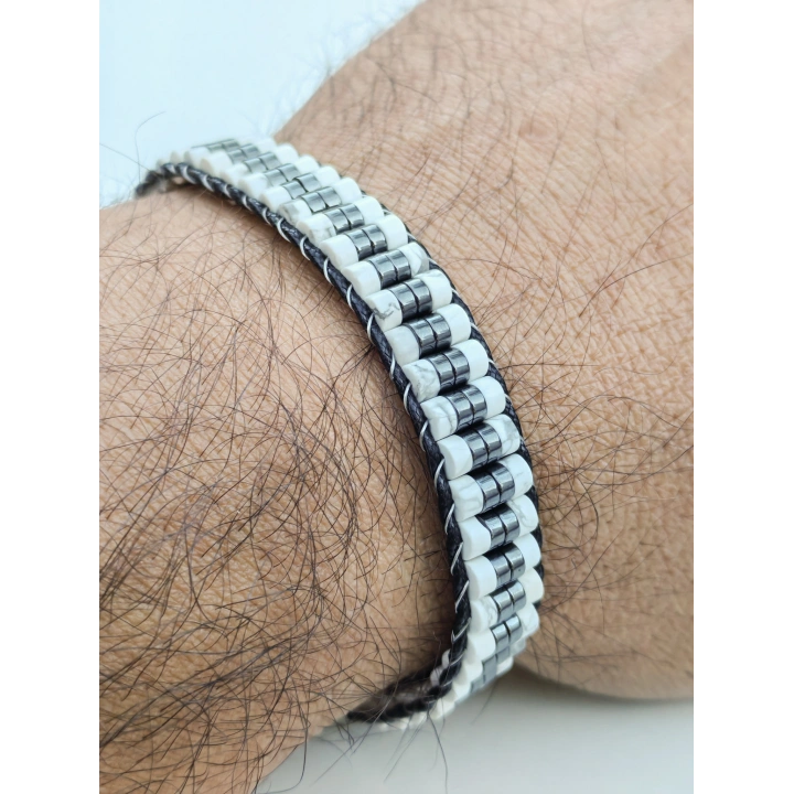 Havlit Siyah ve Beyaz Doğal Taş Örme Erkek Bilekliği