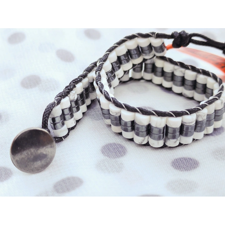 Havlit Siyah ve Beyaz Doğal Taş Örme Erkek Bilekliği