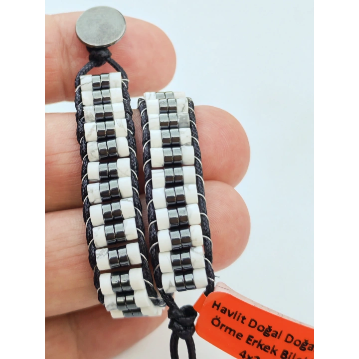 Havlit Siyah ve Beyaz Doğal Taş Örme Erkek Bilekliği