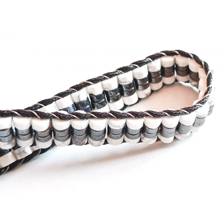 Havlit Siyah ve Beyaz Doğal Taş Örme Erkek Bilekliği