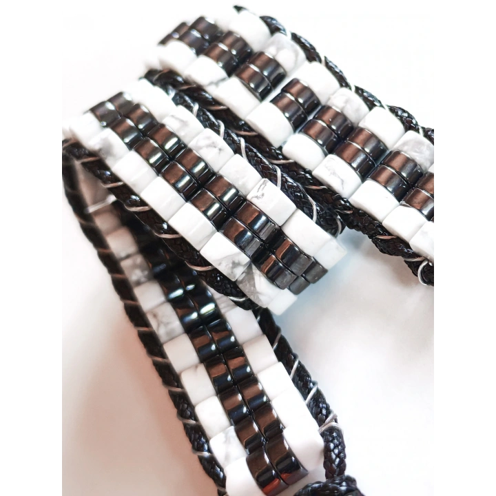 Havlit Siyah ve Beyaz Doğal Taş Örme Erkek Bilekliği