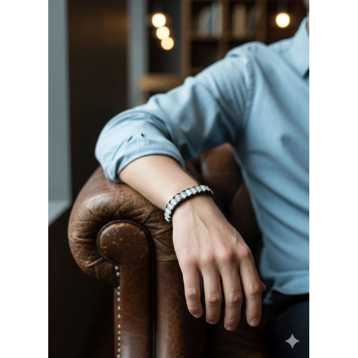 Gri Jespar Doğal Taş Örme Erkek Bilekliği 6X5 mm