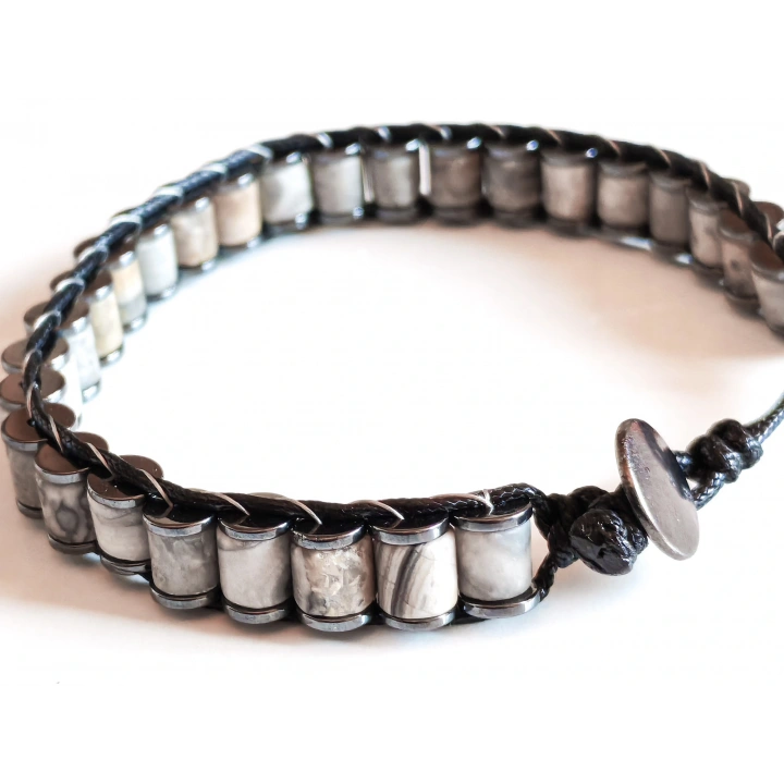 Gri Jespar Doğal Taş Örme Erkek Bilekliği 6X5 mm