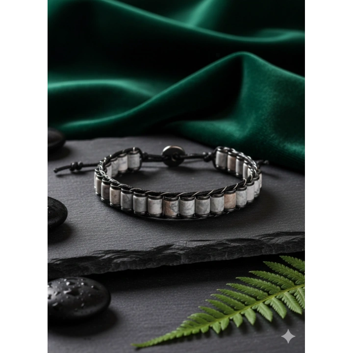 Gri Jespar Doğal Taş Örme Erkek Bilekliği 6X5 mm