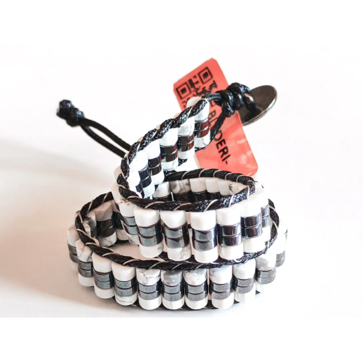 Havlit Siyah ve Beyaz Doğal Taş Örme Erkek Bilekliği