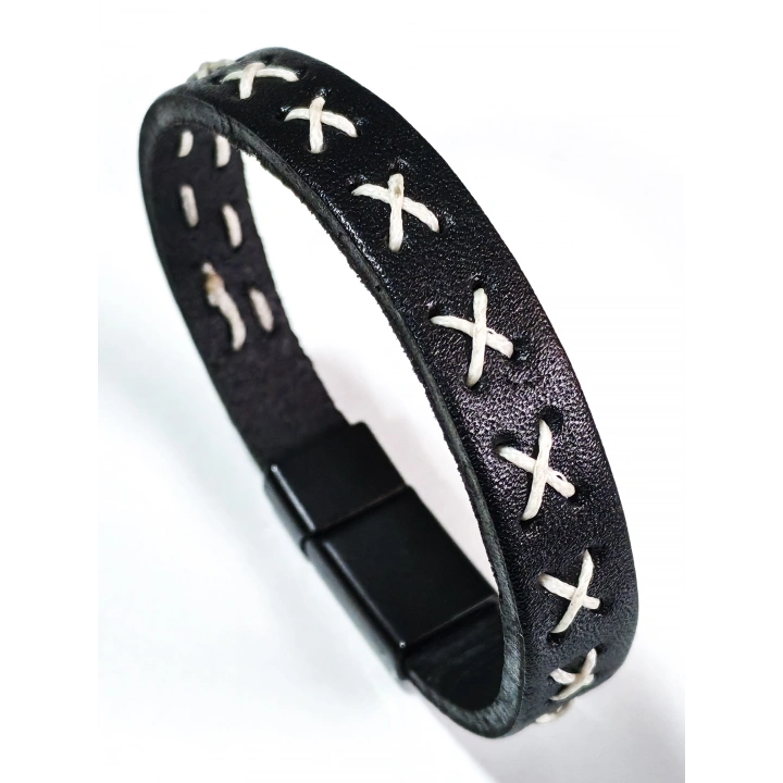 Beyaz İp İşlemeli Siyah Erkek Bileklik - Sevgililer Günü Hediyesi