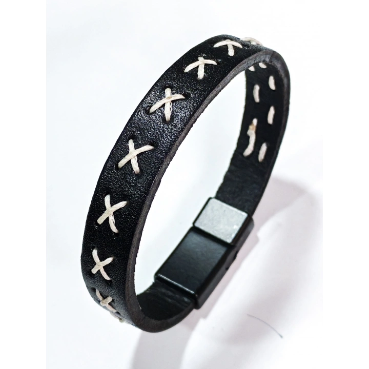 Beyaz İp İşlemeli Siyah Erkek Bileklik - Sevgililer Günü Hediyesi