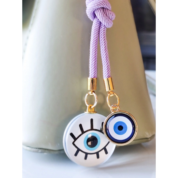 İpli Nazar Boncuklu Göz Figürlü Beyaz Çanta Süsü