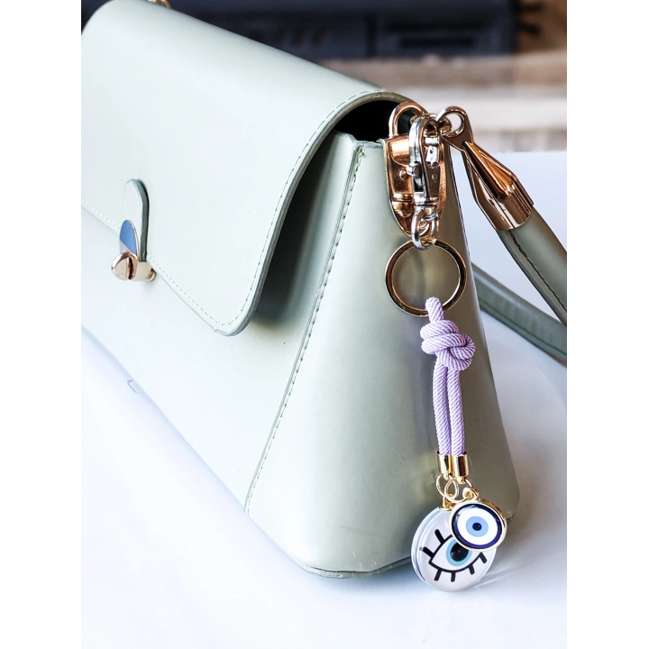 İpli Nazar Boncuklu Göz Figürlü Beyaz Çanta Süsü