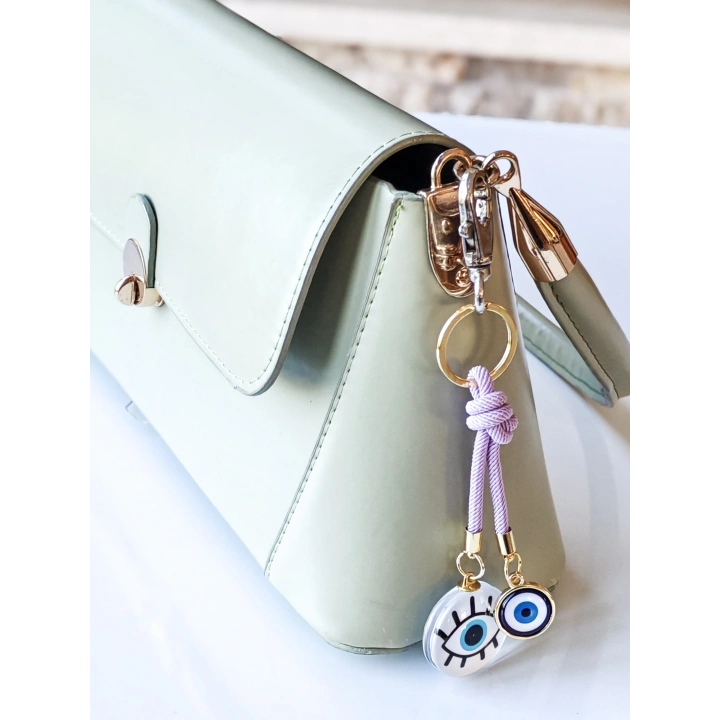 İpli Nazar Boncuklu Göz Figürlü Beyaz Çanta Süsü