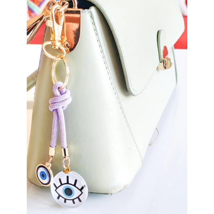 İpli Nazar Boncuklu Göz Figürlü Beyaz Çanta Süsü