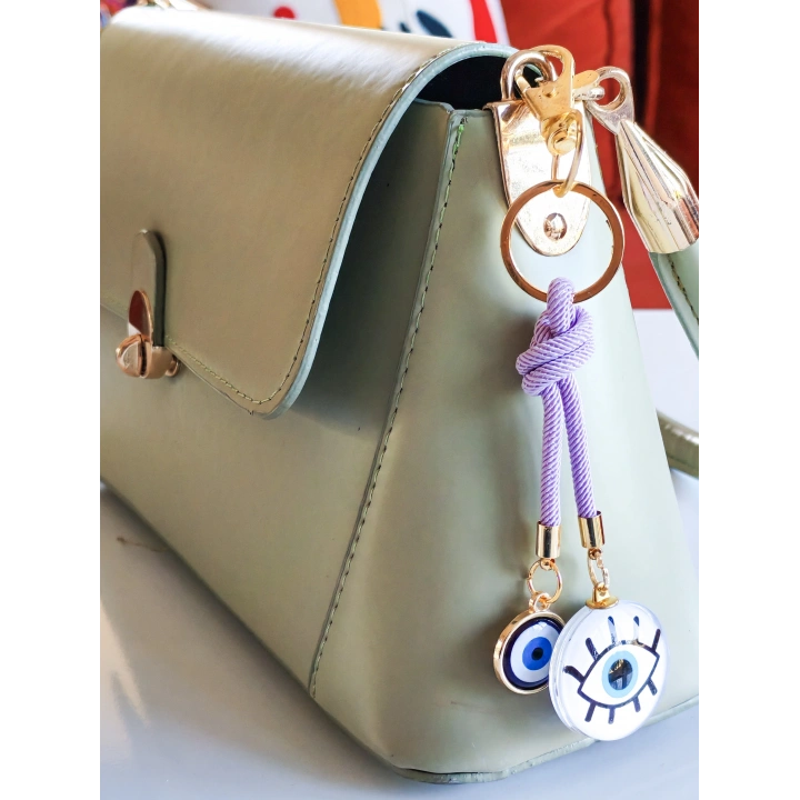İpli Nazar Boncuklu Göz Figürlü Beyaz Çanta Süsü