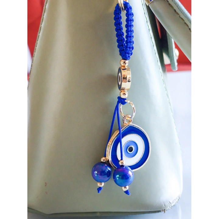 İpli Mavi Nazar Boncuklu Püsküllü Metal Çanta Süsü