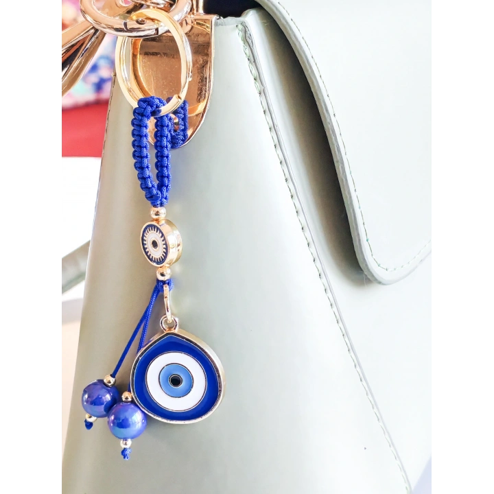 İpli Mavi Nazar Boncuklu Püsküllü Metal Çanta Süsü