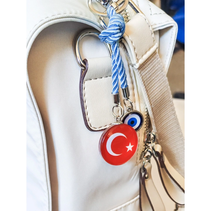 İpli Türk Bayraklı Nazar Boncuklu Cam Çanta Süsü