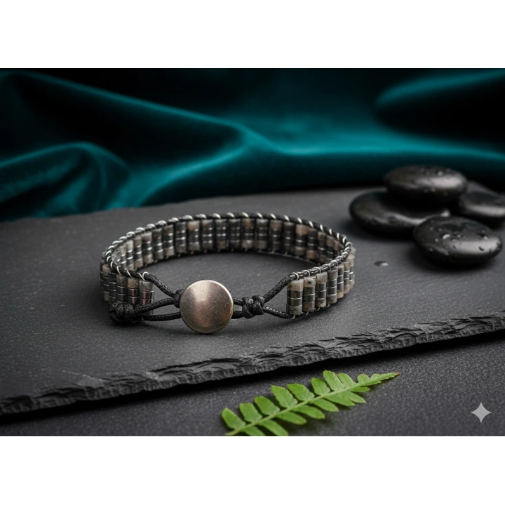 Larvakit Gri Doğal Taş Örme Erkek Bilekliği 4X2 mm