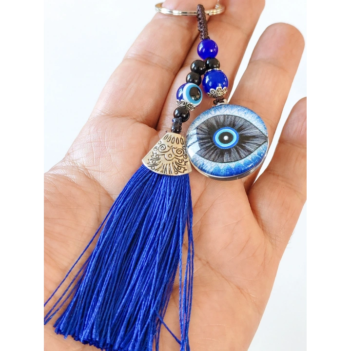 Mavi Püsküllü Göz Desenli Cam Anahtarlık