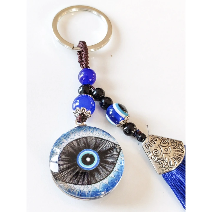 Mavi Püsküllü Göz Desenli Cam Anahtarlık