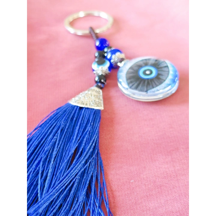 Mavi Püsküllü Göz Desenli Cam Anahtarlık