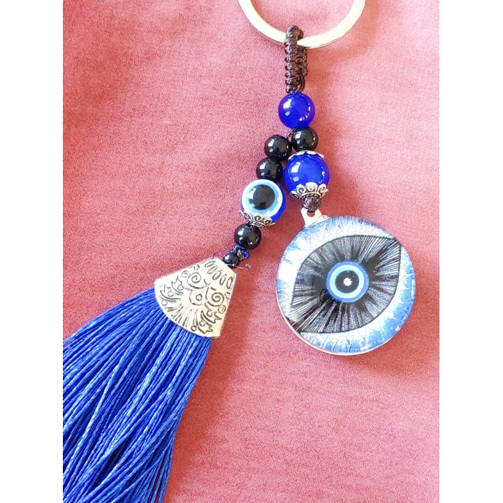 Mavi Püsküllü Göz Desenli Cam Anahtarlık