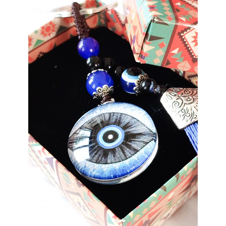 Mavi Püsküllü Göz Desenli Cam Anahtarlık