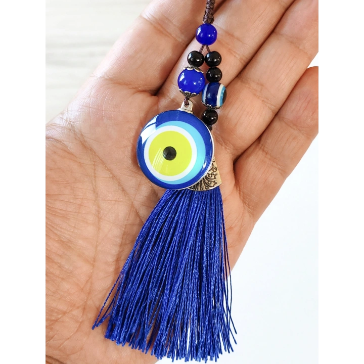 Mavi Püsküllü Nazar Boncuğu Desenli Cam Anahtarlık