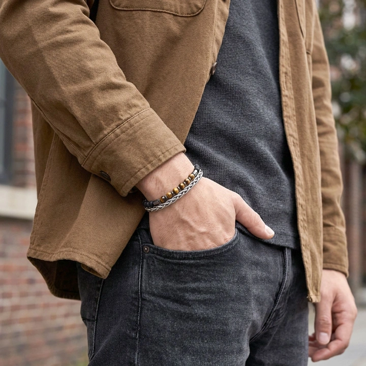 Moncuk Design Çelik Zincirli Kaplan Gözü Ve Mat Oniks-Hematit Bileklik 33512B21D10