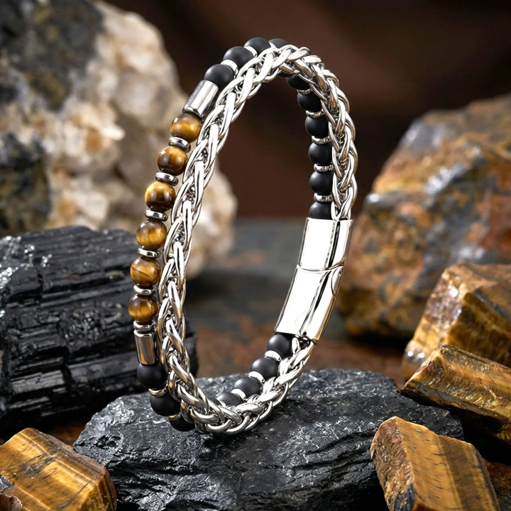 Moncuk Design Çelik Zincirli Kaplan Gözü Ve Mat Oniks-Hematit Bileklik 33512B21D10