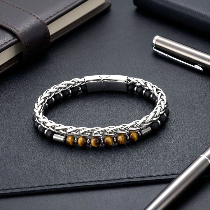 Moncuk Design Çelik Zincirli Kaplan Gözü Ve Mat Oniks-Hematit Bileklik 33512B21D10