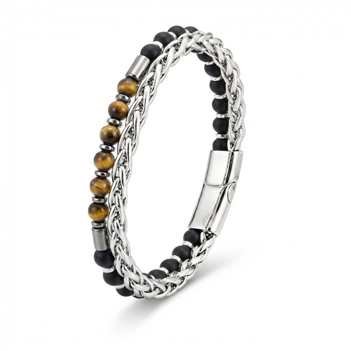 Moncuk Design Çelik Zincirli Kaplan Gözü Ve Mat Oniks-Hematit Bileklik 33512B21D10