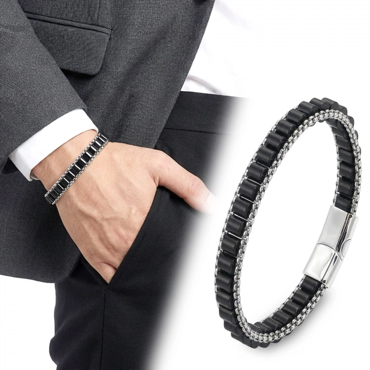 Moncuk Design  Oniks Doğal Taşlı Hasır Örgü Zincirli Erkek Çelik Bileklik 33512B28D11