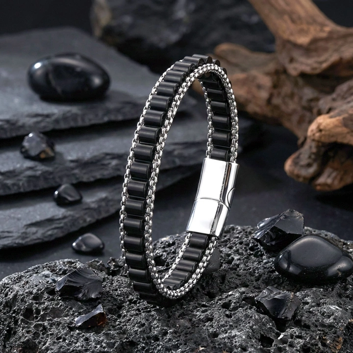 Moncuk Design  Oniks Doğal Taşlı Hasır Örgü Zincirli Erkek Çelik Bileklik 33512B28D11