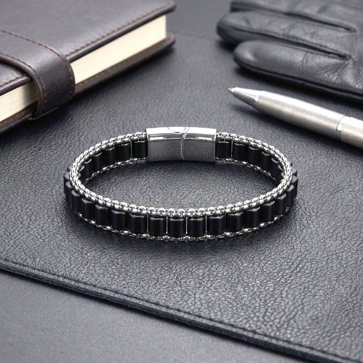 Moncuk Design  Oniks Doğal Taşlı Hasır Örgü Zincirli Erkek Çelik Bileklik 33512B28D11