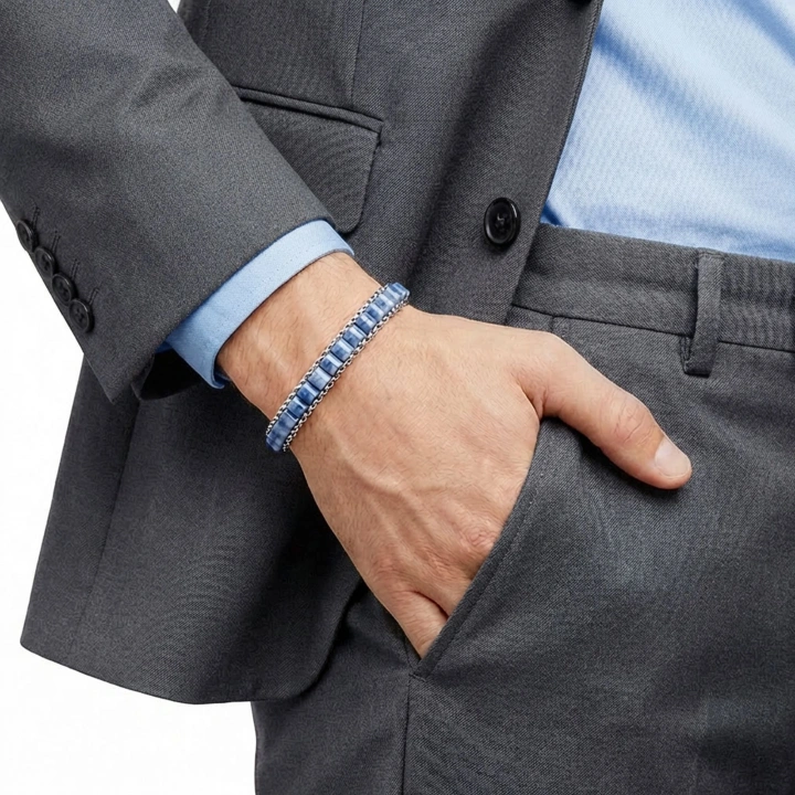 Moncuk Design  Mavi Aventurin Doğal Taşlı Hasır Örgü Zincirli Erkek Çelik Bileklik 33512B28D12