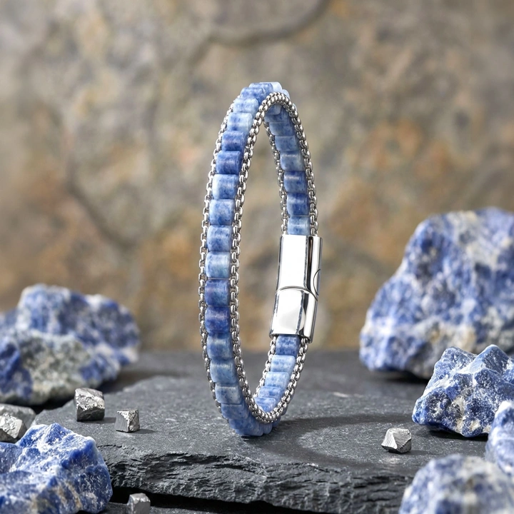 Moncuk Design  Mavi Aventurin Doğal Taşlı Hasır Örgü Zincirli Erkek Çelik Bileklik 33512B28D12