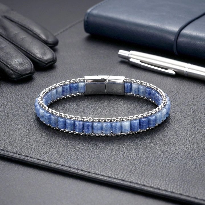 Moncuk Design  Mavi Aventurin Doğal Taşlı Hasır Örgü Zincirli Erkek Çelik Bileklik 33512B28D12