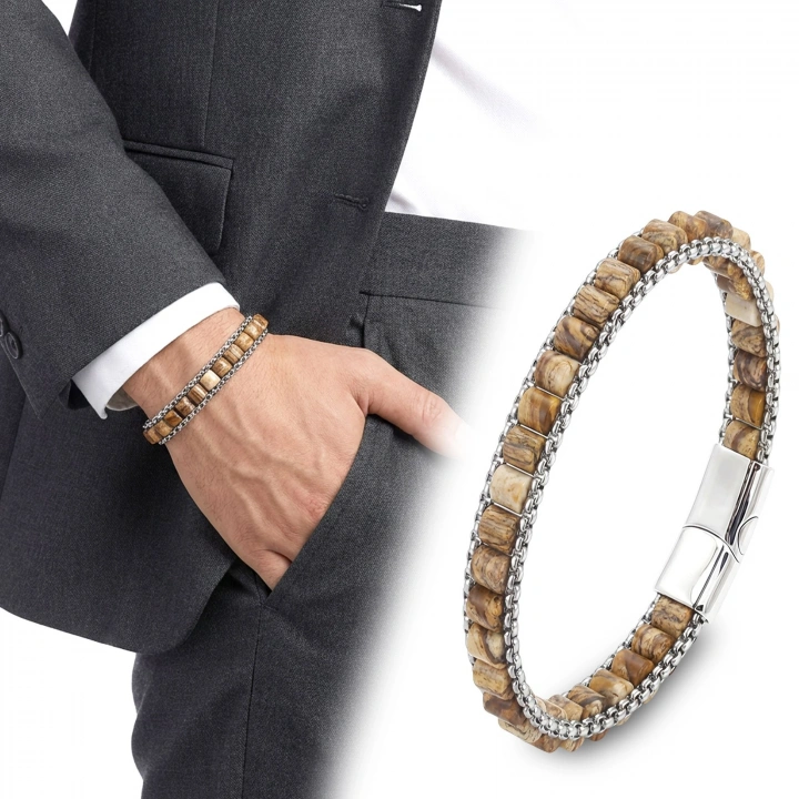 Moncuk Design  Odun Jasper Doğal Taşlı Hasır Örgü Zincirli Erkek Çelik Bileklik 33512B28D13