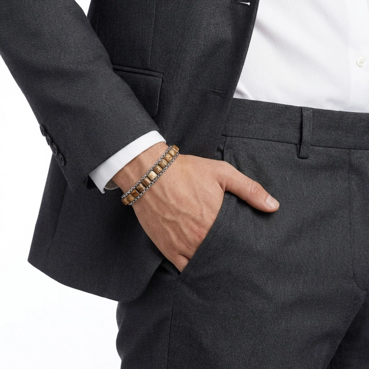 Moncuk Design  Odun Jasper Doğal Taşlı Hasır Örgü Zincirli Erkek Çelik Bileklik 33512B28D13