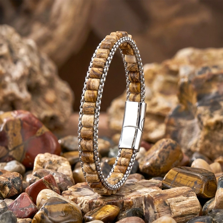 Moncuk Design  Odun Jasper Doğal Taşlı Hasır Örgü Zincirli Erkek Çelik Bileklik 33512B28D13