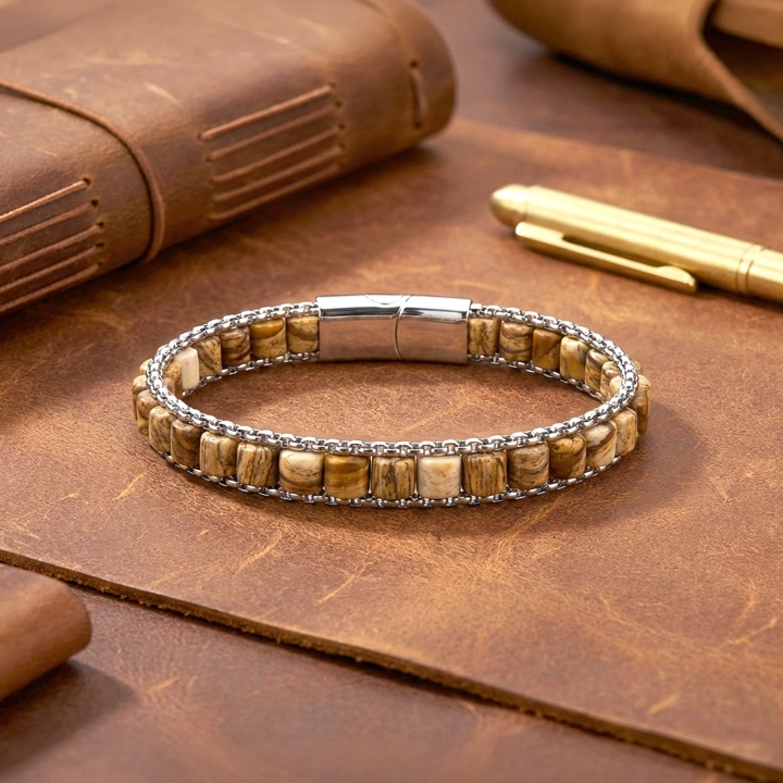 Moncuk Design  Odun Jasper Doğal Taşlı Hasır Örgü Zincirli Erkek Çelik Bileklik 33512B28D13