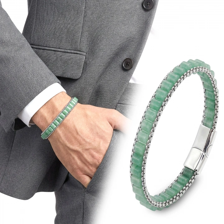 Moncuk Design  Yeşil Aventurin Doğal Taşlı Hasır Örgü Zincirli Erkek Çelik Bileklik 33512B28D14