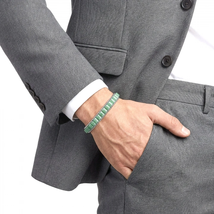 Moncuk Design  Yeşil Aventurin Doğal Taşlı Hasır Örgü Zincirli Erkek Çelik Bileklik 33512B28D14