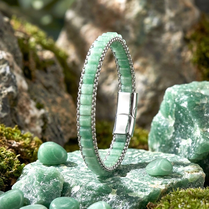 Moncuk Design  Yeşil Aventurin Doğal Taşlı Hasır Örgü Zincirli Erkek Çelik Bileklik 33512B28D14