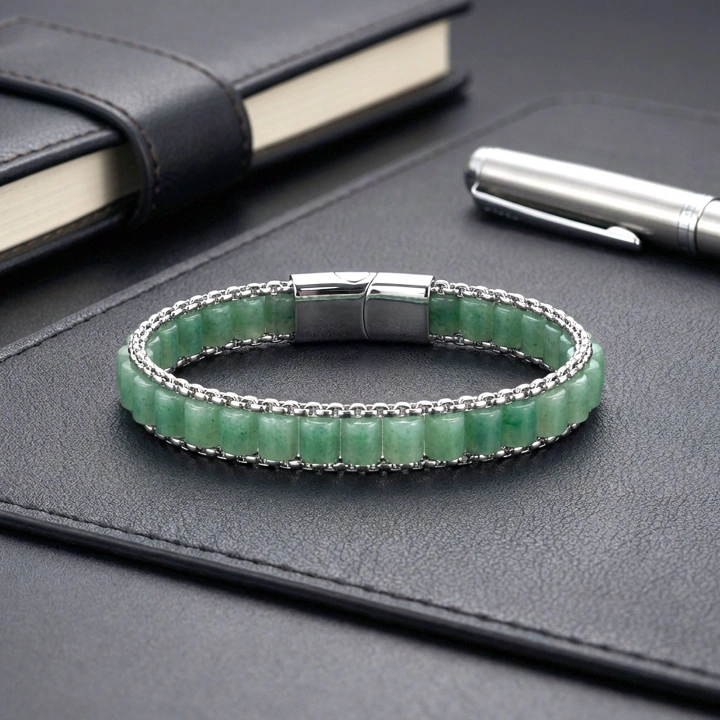 Moncuk Design  Yeşil Aventurin Doğal Taşlı Hasır Örgü Zincirli Erkek Çelik Bileklik 33512B28D14