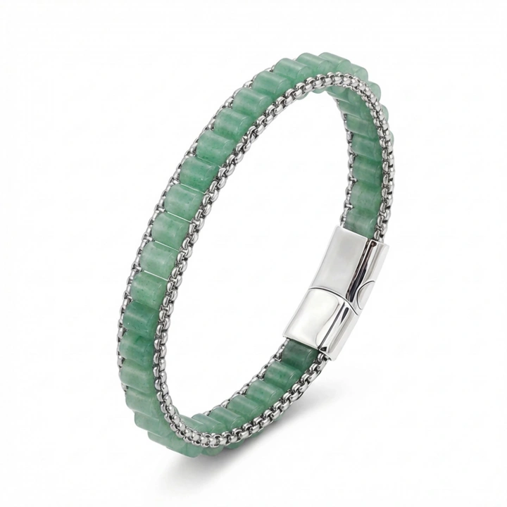 Moncuk Design  Yeşil Aventurin Doğal Taşlı Hasır Örgü Zincirli Erkek Çelik Bileklik 33512B28D14