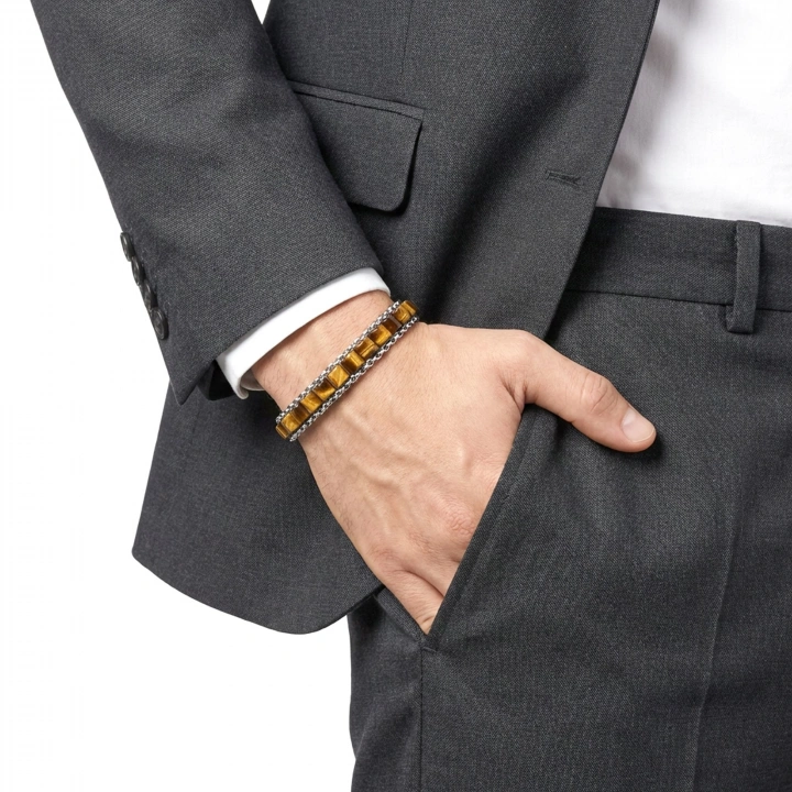 Moncuk Design  Kaplan Gözü Doğal Taşlı Hasır Örgü Zincirli Erkek Çelik Bileklik 33512B28D15