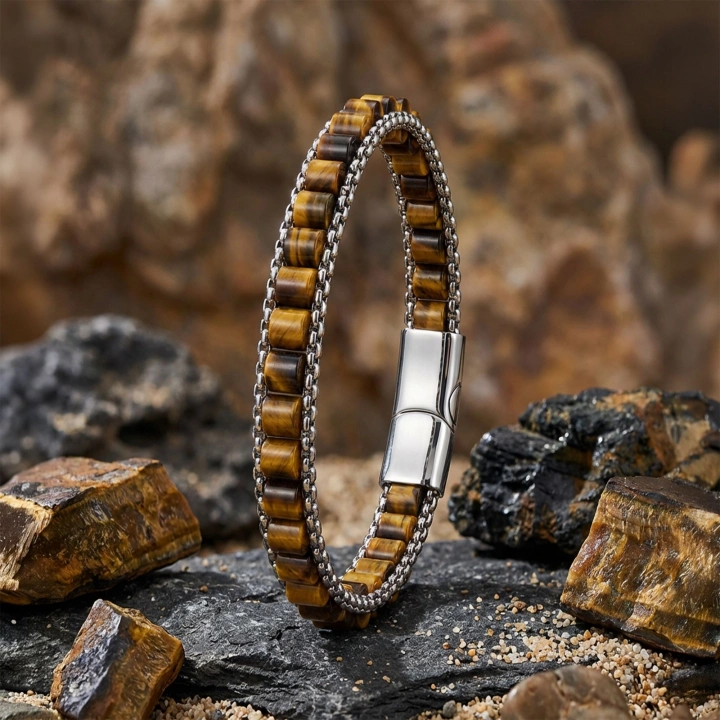 Moncuk Design  Kaplan Gözü Doğal Taşlı Hasır Örgü Zincirli Erkek Çelik Bileklik 33512B28D15