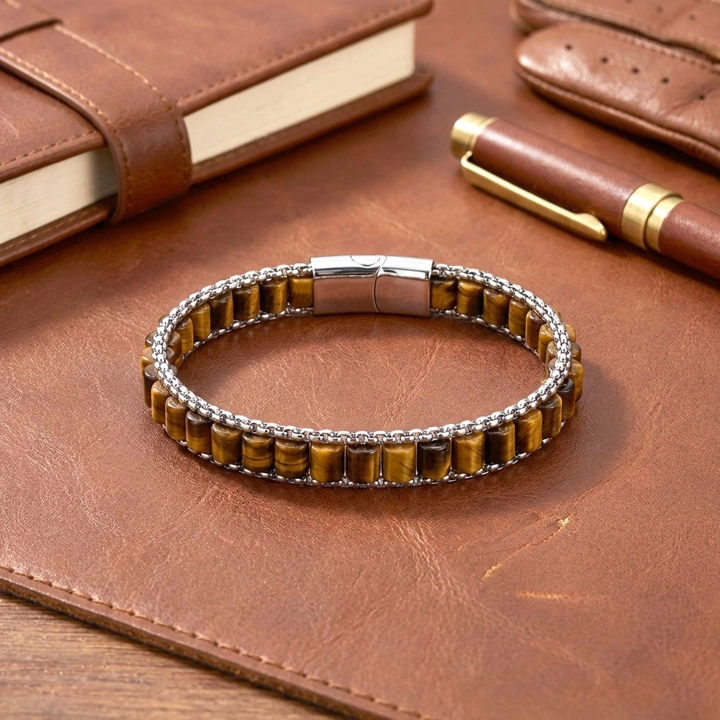 Moncuk Design  Kaplan Gözü Doğal Taşlı Hasır Örgü Zincirli Erkek Çelik Bileklik 33512B28D15